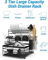 TONGKTAI Dish Drainer Rack, 3 Tier Drain Board Rack with Drip Tray Black