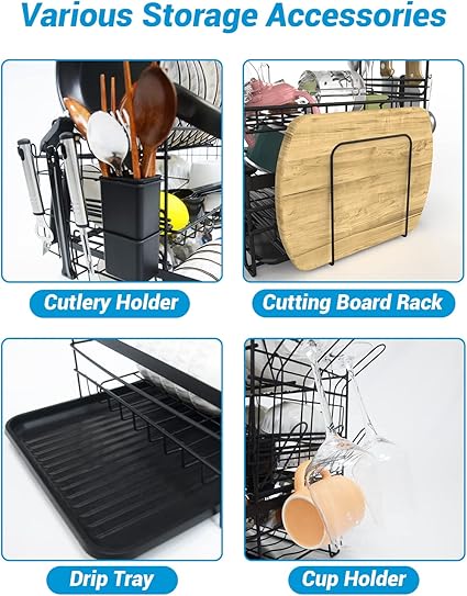 TONGKTAI Dish Drainer Rack, 3 Tier Drain Board Rack with Drip Tray Black