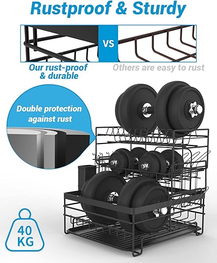 TONGKTAI Dish Drainer Rack, 3 Tier Drain Board Rack with Drip Tray Black