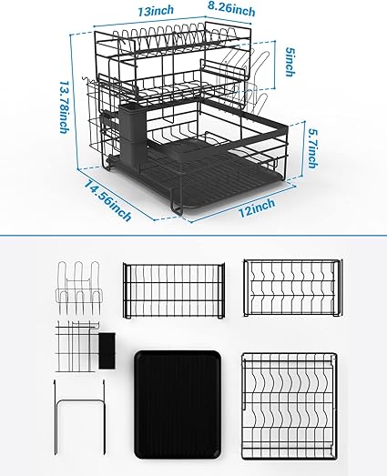 TONGKTAI Dish Drainer Rack, 3 Tier Drain Board Rack with Drip Tray Black