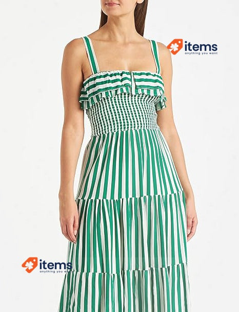 Springfield Women s Striped Midi Dress, Green/White Stripes, Size 40 EUR, 6 USA
