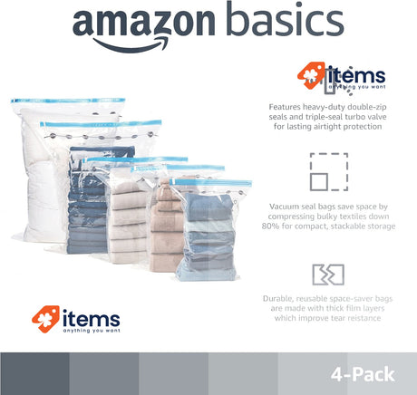 Amazon Basics Vacuum Compression Bags With Hand Pump, Zipper, Size X-Jumbo Clear