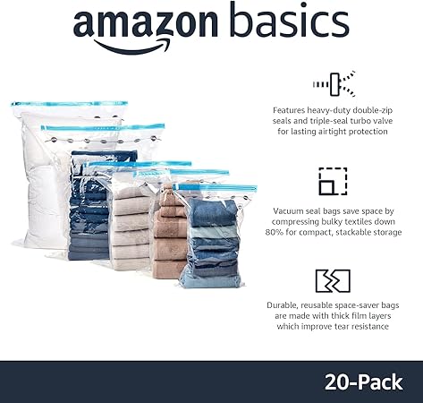 Amazon Basics Vacuum Compression Zipper Storage Bags with Hand Pump, 20 Count