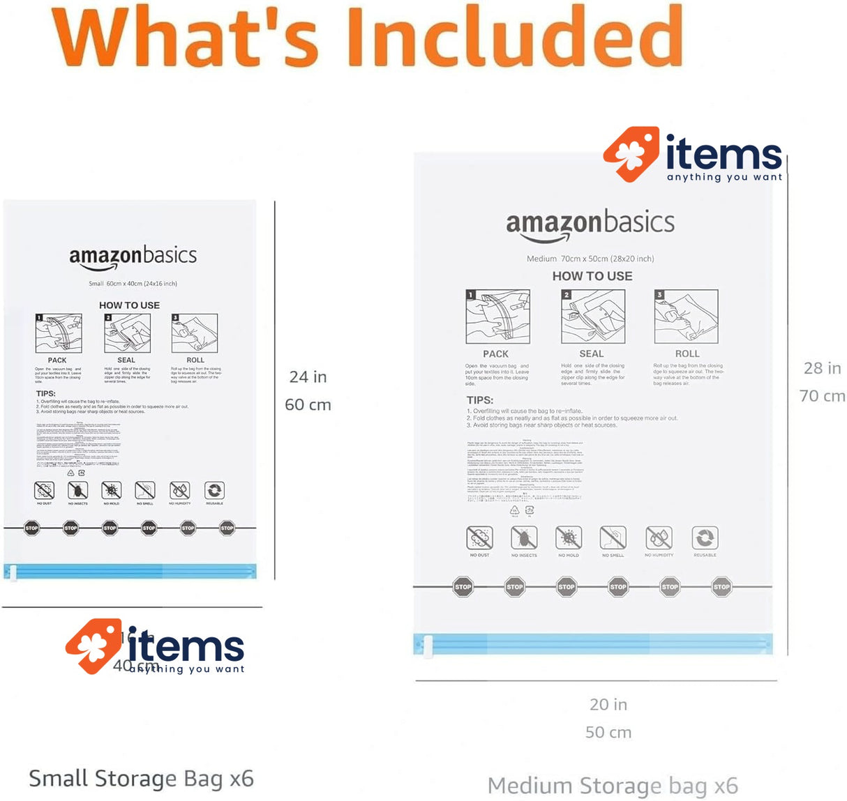 Amazon Basics Roll-Up Travel Storage Bags, 6 Small & 6 Medium, Transparent