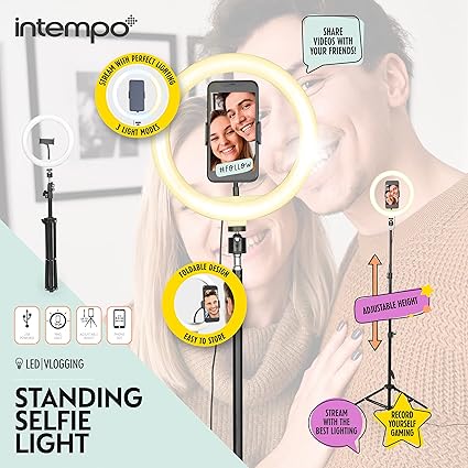 Intempo EE7222BLKSTKEU7 Selfie Light Stand, 26 cm Ring Light With 3 Modes