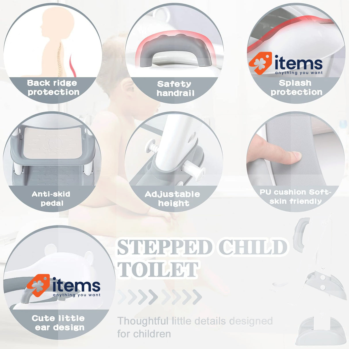 MULEVIP Children's Toilet Seat White Stairs Height-Adjustable