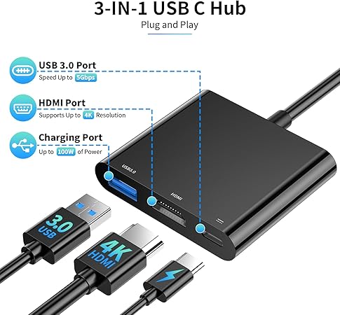 CableGlaxay USB Type C Adapter HDMI 3 in 1 USB-C to 4K HDMI Adapter