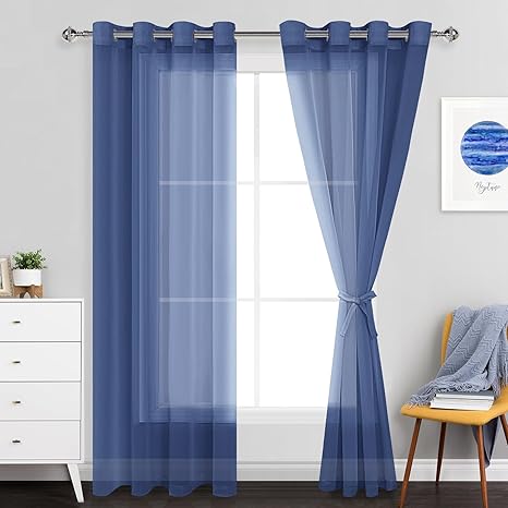 JIUZHEN Voile Curtain Scarves for Living Room Bedroom Set of 2 Navy Blue