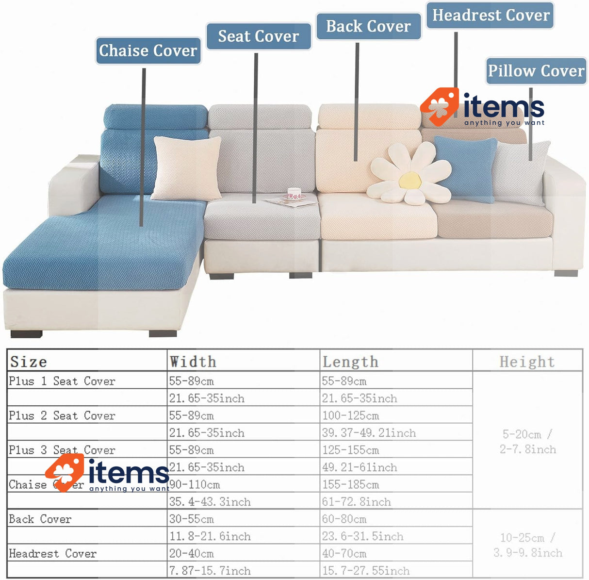 Showy Sofa Cushion Covers- High Stretch Cover (Chaise Cover, Weave Grey) Seat