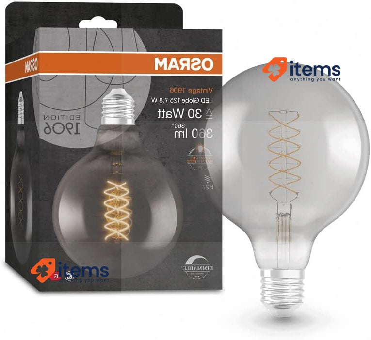 OSRAM Vintage 1906 Smoke Tinted LED Lamp, 7.8W 360lm, Globe Shape 125mm E27 Base