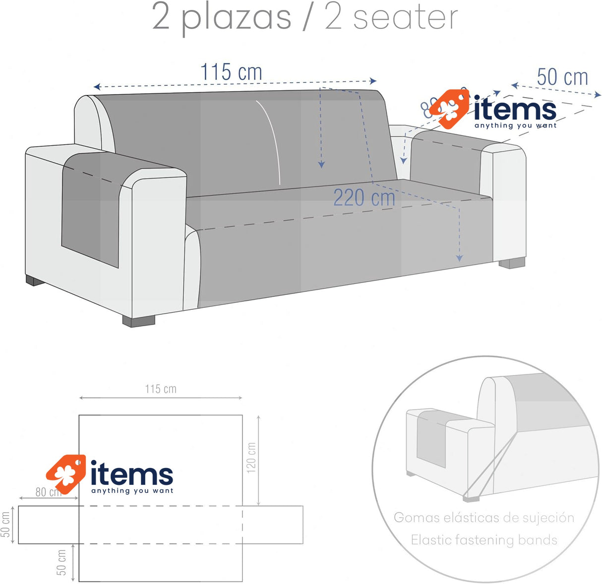 Eysa Valkiria Universal Sofa Cover with Tie 2 Seater, Colour 03, Blue 3