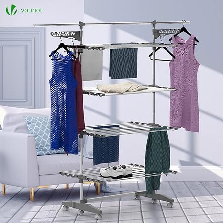 VOUNOT Large 4 Tier Clothes Airer, Laundry Drying Rack Stainless Steel Grey