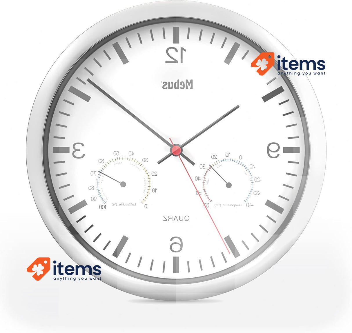 Mebus Quartz Wall Clock with Thermometer and Hygrometer Silver Frame White Dial