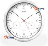 Mebus Quartz Wall Clock with Thermometer and Hygrometer Silver Frame White Dial