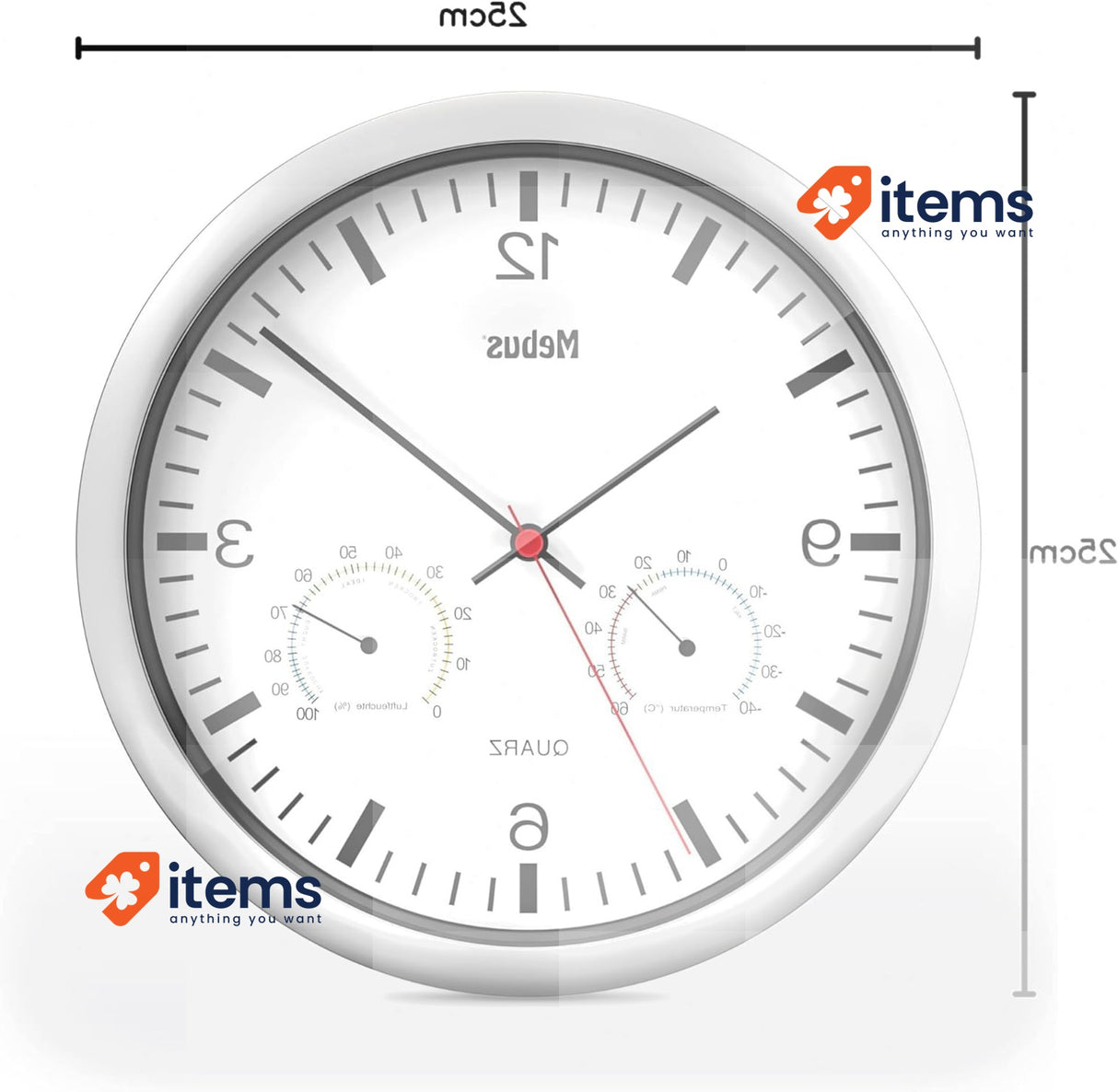 Mebus Quartz Wall Clock with Thermometer and Hygrometer Silver Frame White Dial