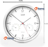 Mebus Quartz Wall Clock with Thermometer and Hygrometer Silver Frame White Dial