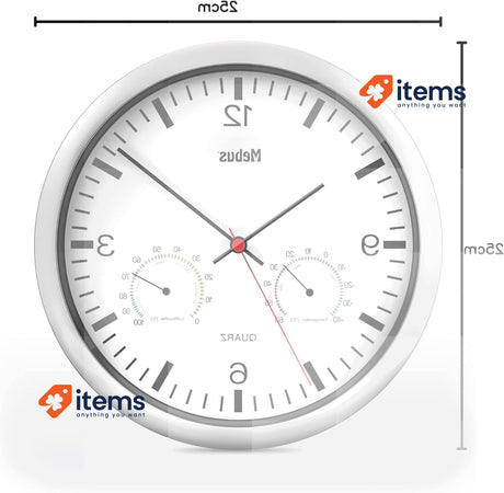Mebus Quartz Wall Clock with Thermometer and Hygrometer Silver Frame White Dial