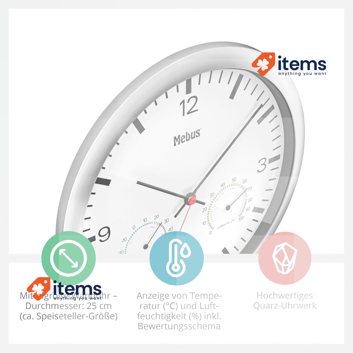 Mebus Quartz Wall Clock with Thermometer and Hygrometer Silver Frame White Dial