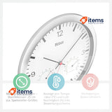 Mebus Quartz Wall Clock with Thermometer and Hygrometer Silver Frame White Dial