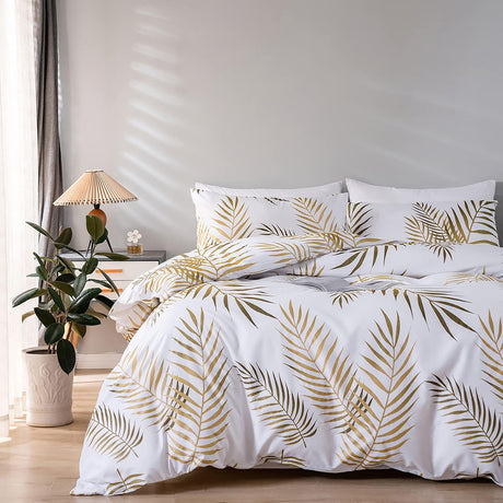 Jemiipee Duvet Cover Set 220 x 240 cm with Tropical Gold Leaves Design