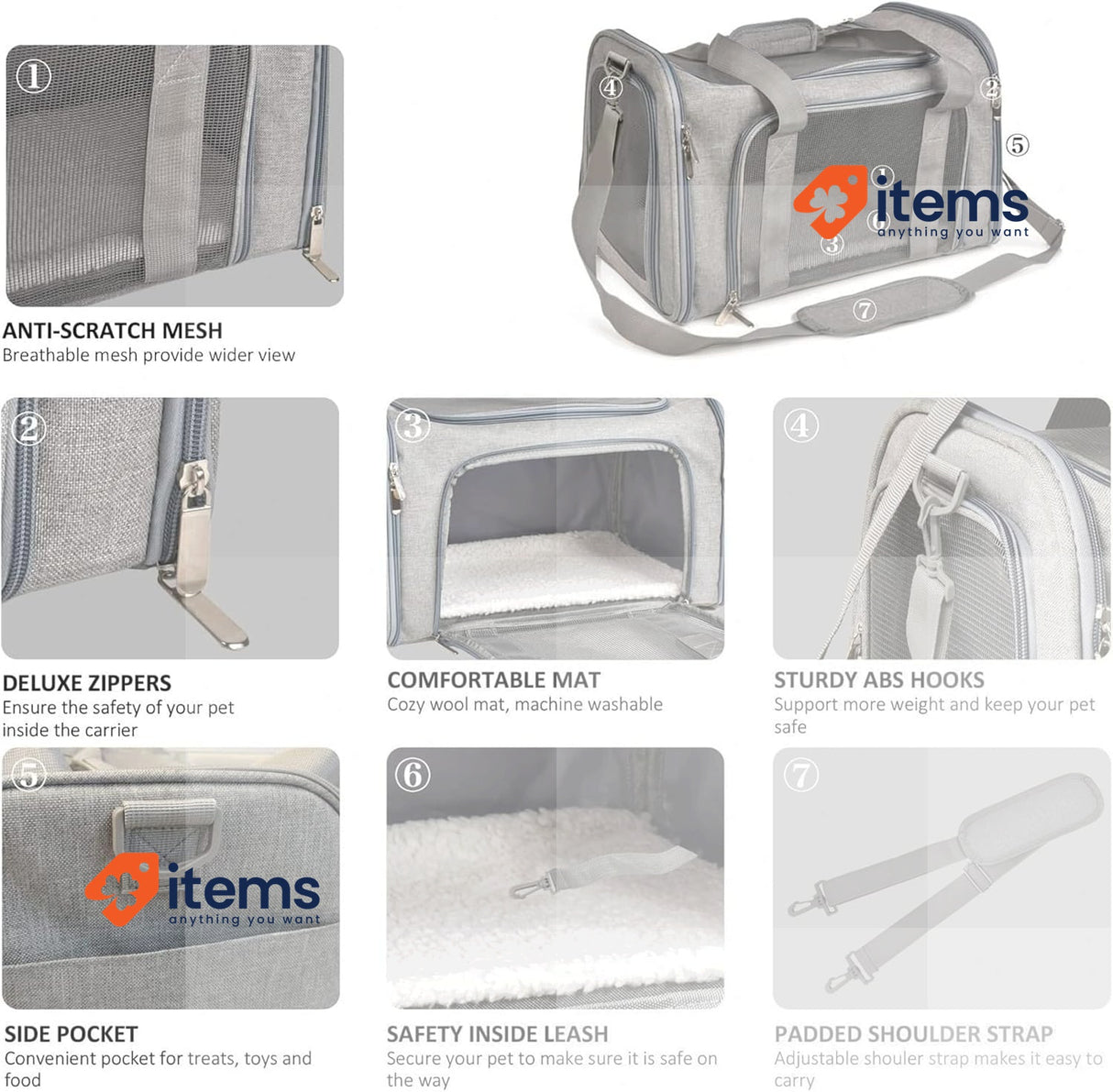TOFFCAEA Dog Carrier Bag, Breathable Pet Carrier Bag Grey
