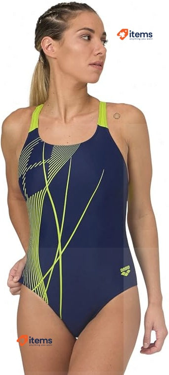 Arena Women's Branch Swimsuit Swim Pro Back Lb One Piece Navy - Soft Green 34