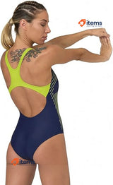 Arena Women's Branch Swimsuit Swim Pro Back Lb One Piece Navy - Soft Green 34