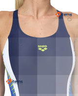 Arena Women s Threefold V Back One Piece Swimsuit Navy-neon Blue-white 34 UK