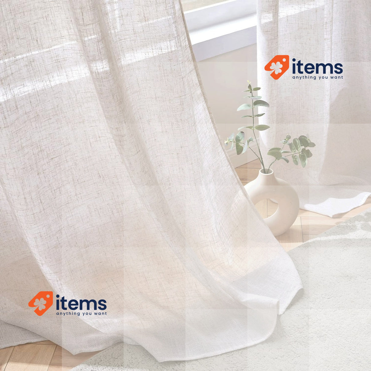 Woaboy Linen White Curtains, Semi-Transparent Curtains, Set of 2, 140 x 260 cm