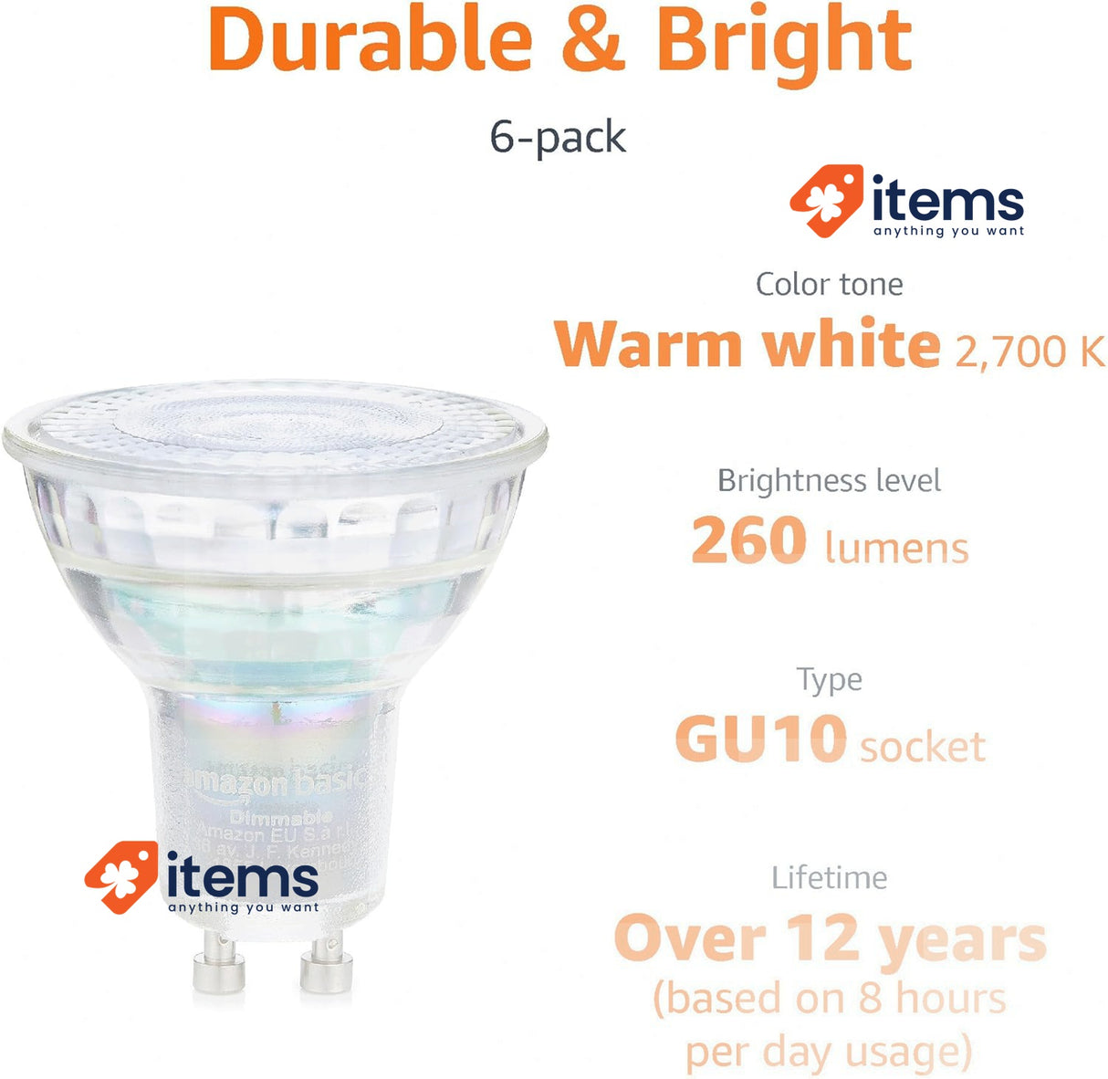 Amazon Basics Professional LED Spotlight GU10 35W Warm White Dimmable Pack of 6