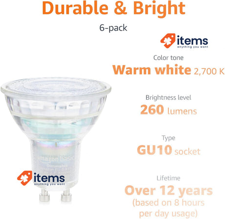 Amazon Basics Professional LED Spotlight GU10 35W Warm White Dimmable Pack of 6