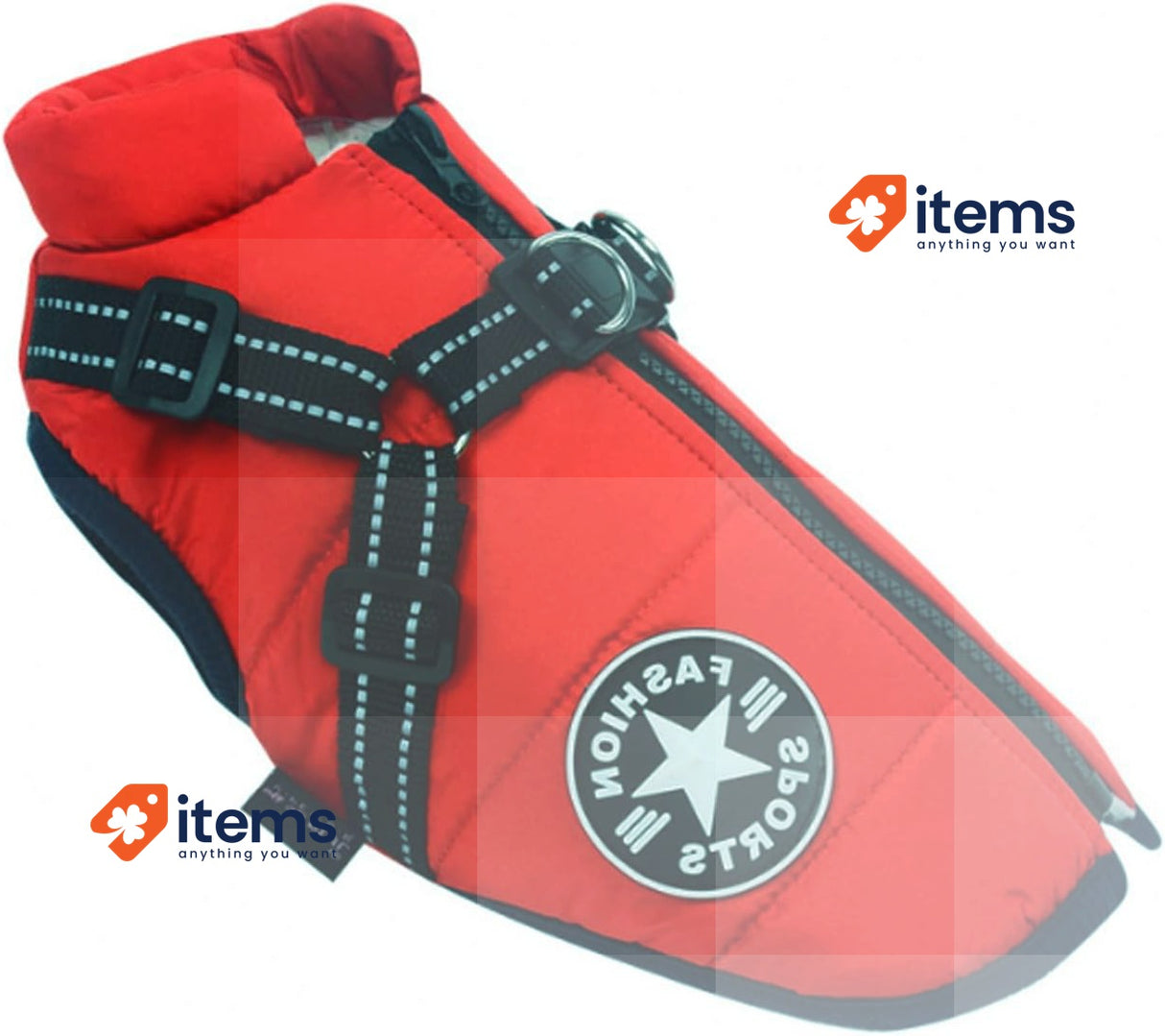 Ectkuee Winter Coat for Dogs, "Fashion Sports" Red w/Black Harness and Zipper
