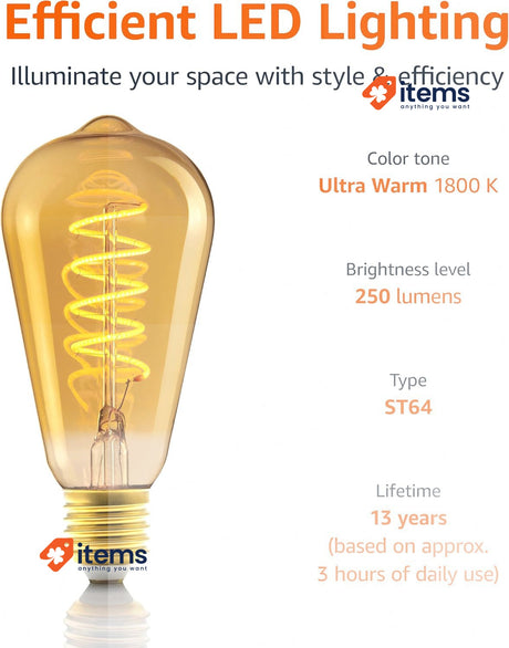 Amazon Basics E27 Vintage LED Bulb, Antique Style Retro Amber Glass, Pack of 2