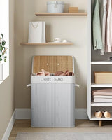 SONGMICS Laundry Basket Hamper with Lid Bamboo Foldable 2 Compartments - Grey