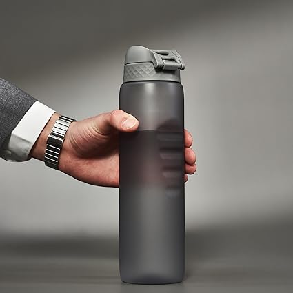 Ion8 1 Litre Water Bottle, Leak Proof, Flip Lid, Carry Handle 32 oz, Grey