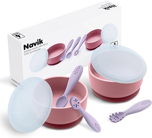 Navik Set Pappa Weaning Silicone Bowl for Baby with Suction Cup Pink & Purple