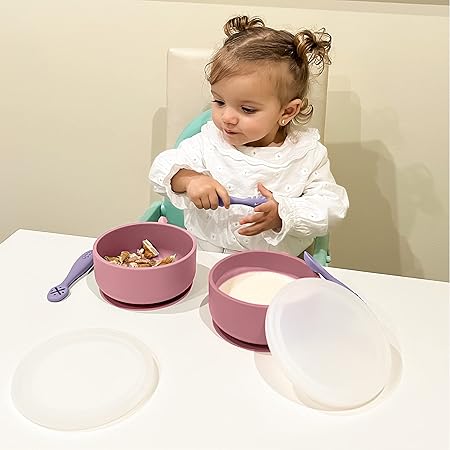 Navik Set Pappa Weaning Silicone Bowl for Baby with Suction Cup Pink & Purple