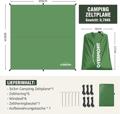 OVERMONT Tent tarpaulin For Outdoor Hiking Green 3m x 3m