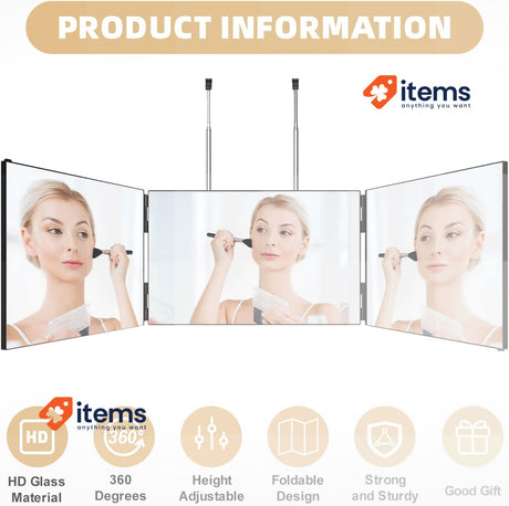 AHWOiHS 3 Way 360° Self Cut Mirror - Foldable Portable