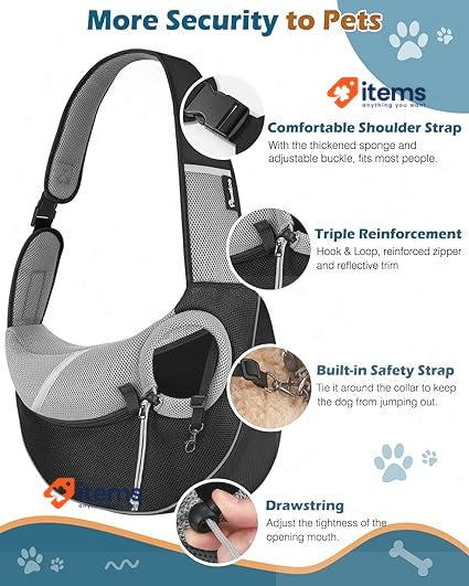 Pawaboo Dog Sling Carrier, Dog Papoose with Zipper Touch Pocketl, Black, Small