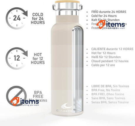 Daikoku Bottle, Double-Walled Stainless Steel Thermos, Two Caps, Beige, 500 ML