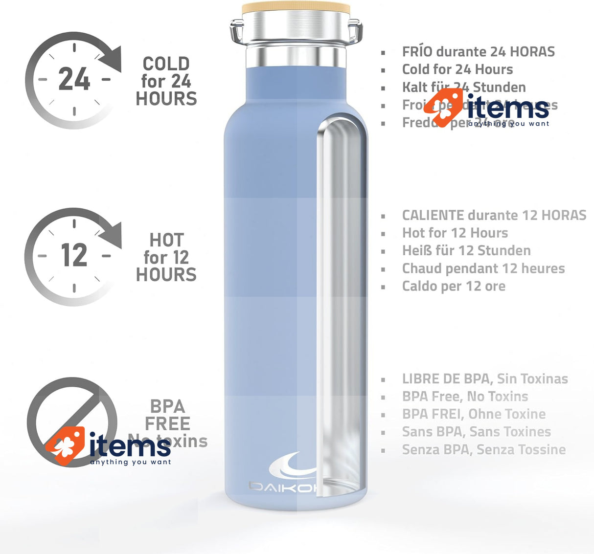 Daikoku Double Walled Stainless Steel Thermos Bottle Hot/Cold Drinks 500ml Blue