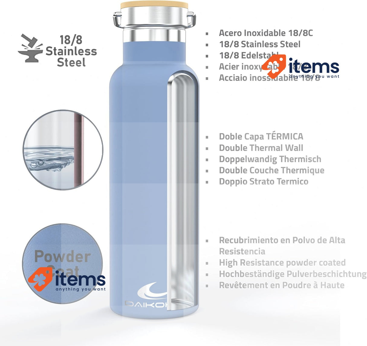 Daikoku Double Walled Stainless Steel Thermos Bottle Hot/Cold Drinks 500ml Blue