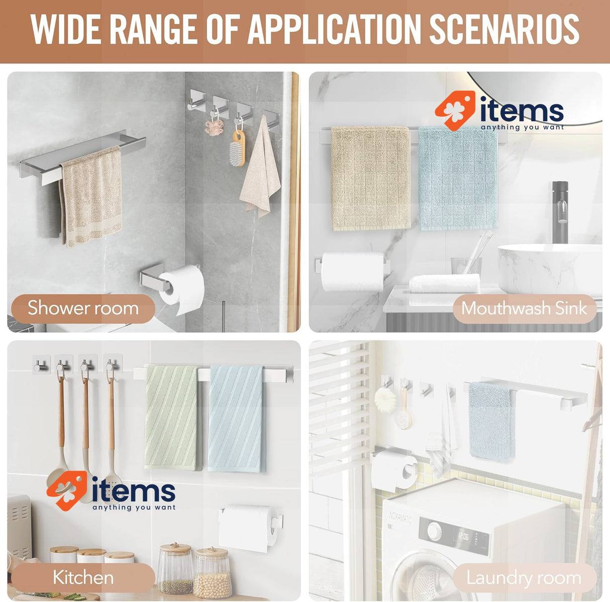 AIKER Self Adhesive Towel Rail, 6 Pcs Thickened 304 Stainless, Silver 8PCS