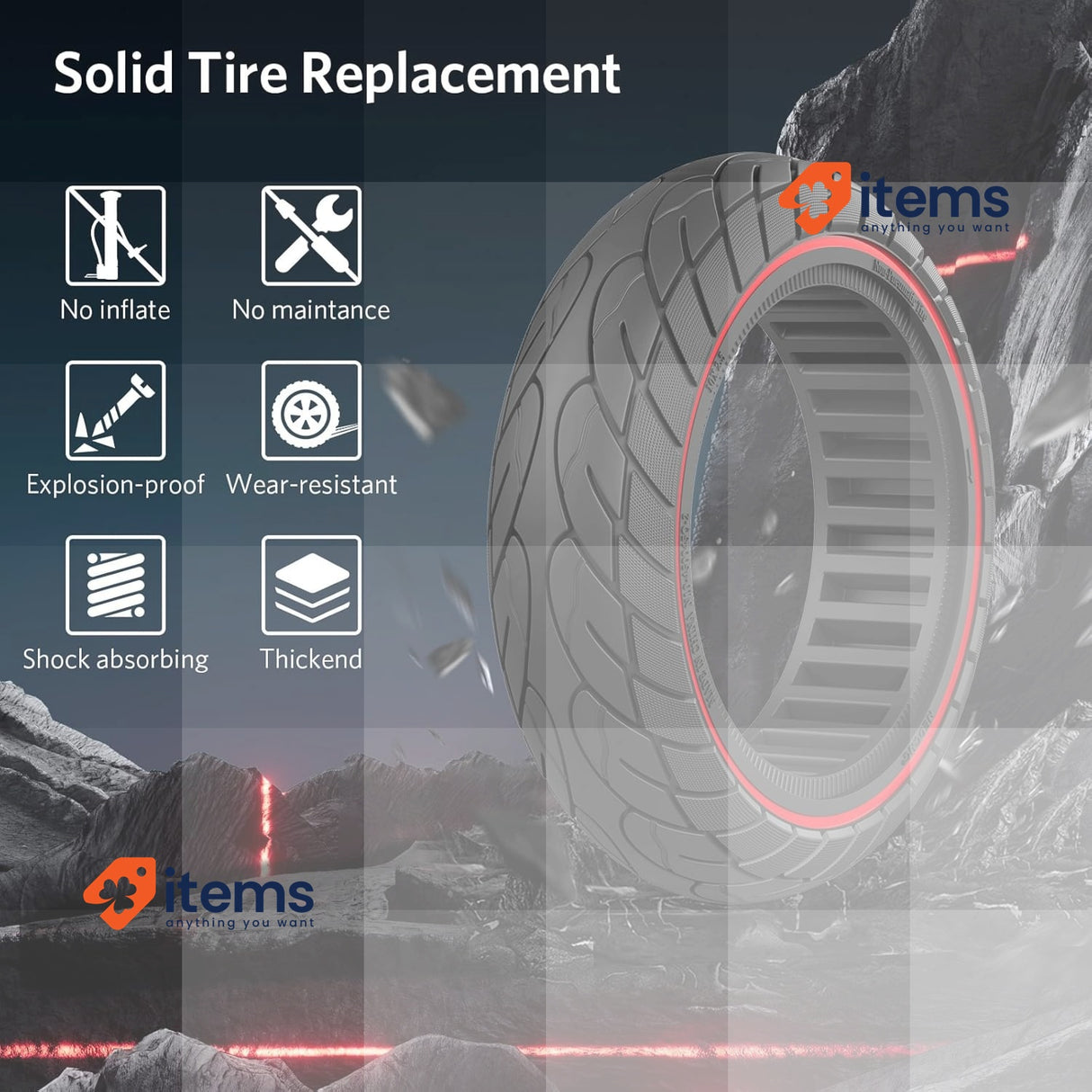 OUXI 10 x 2.5 Inch Replacement Tyres Solid Tyres with 1 Mounting Tool