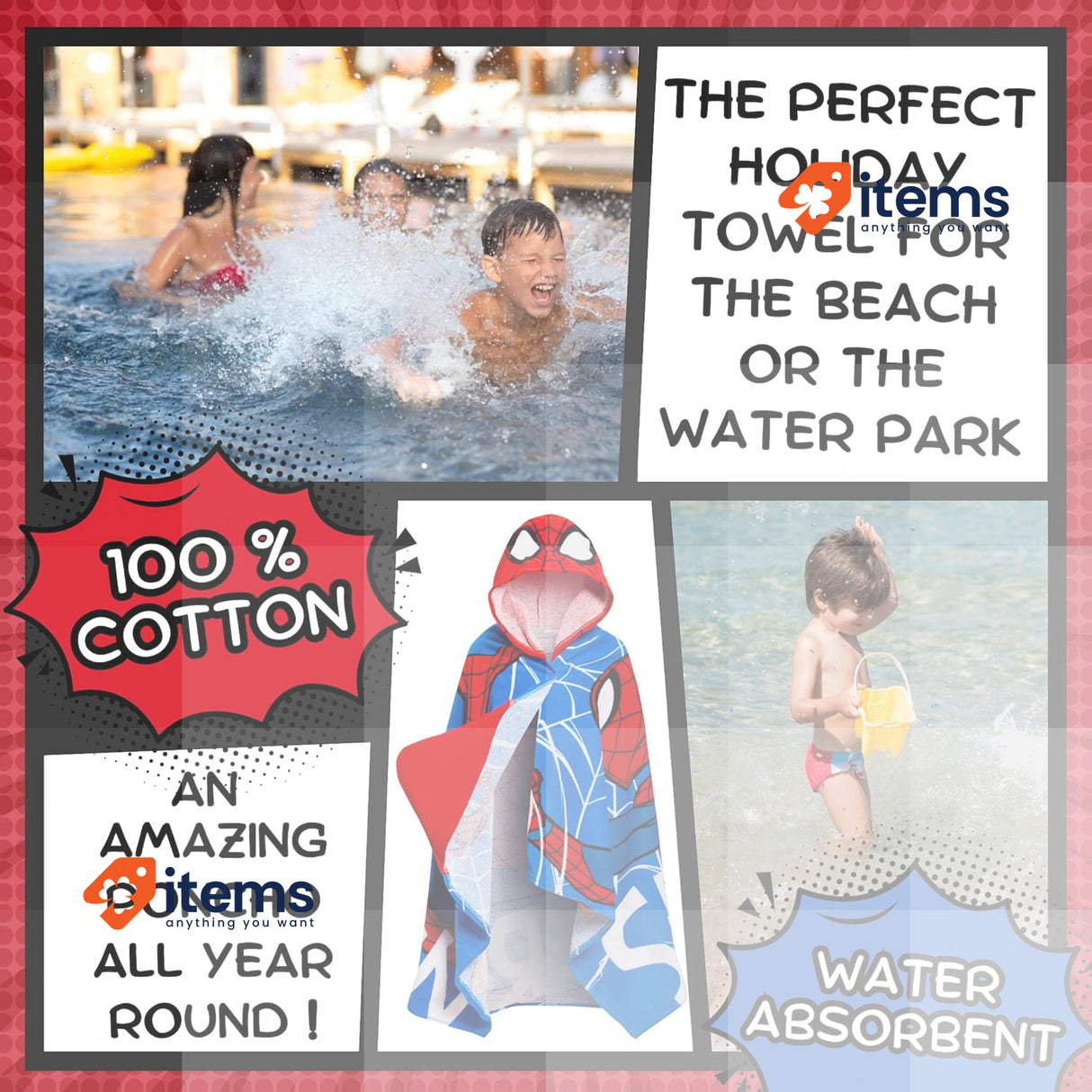 SPIDER-MAN Hooded Towel 100% Cotton Dress Up Avengers Poncho Kids Bath Towel