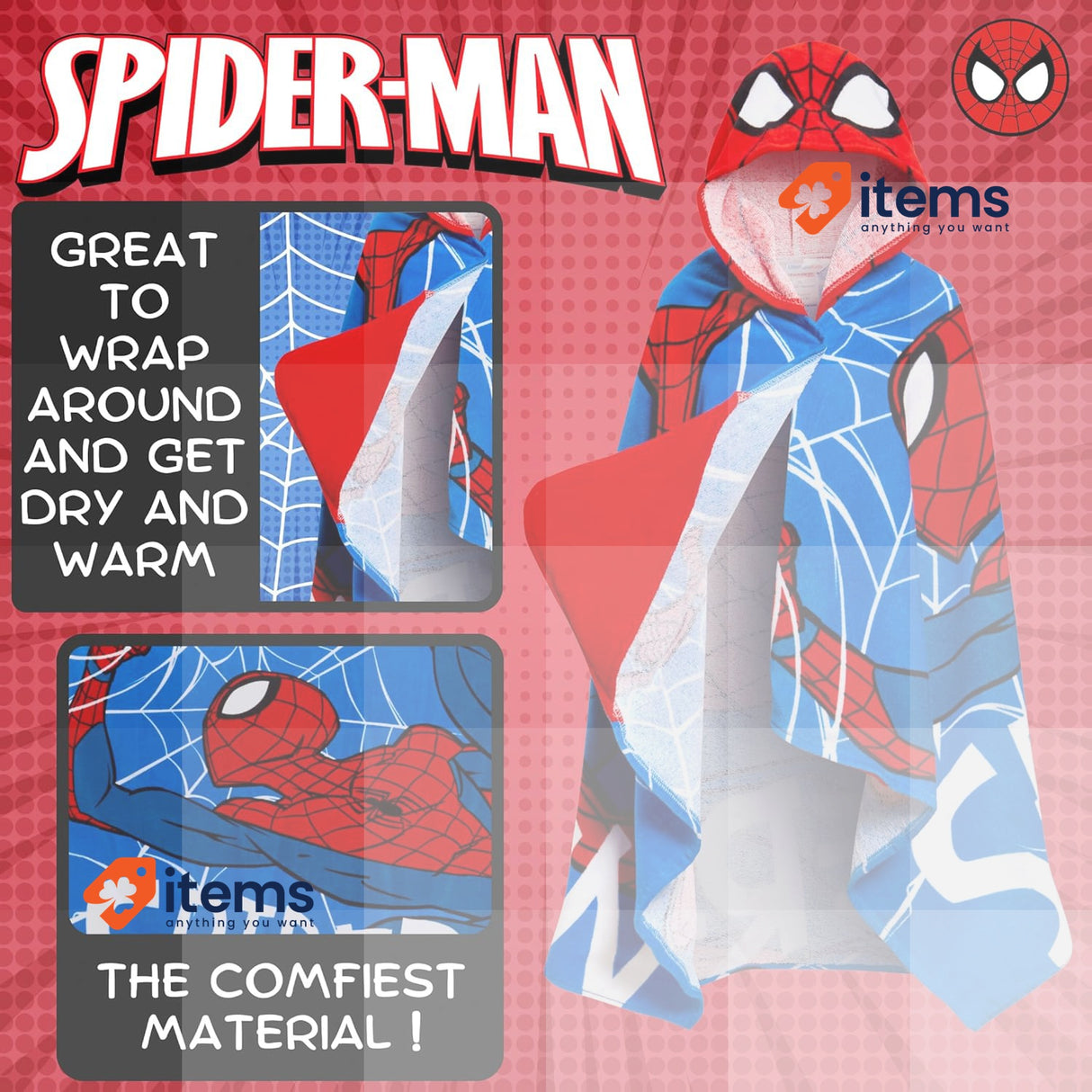 SPIDER-MAN Hooded Towel 100% Cotton Dress Up Avengers Poncho Kids Bath Towel
