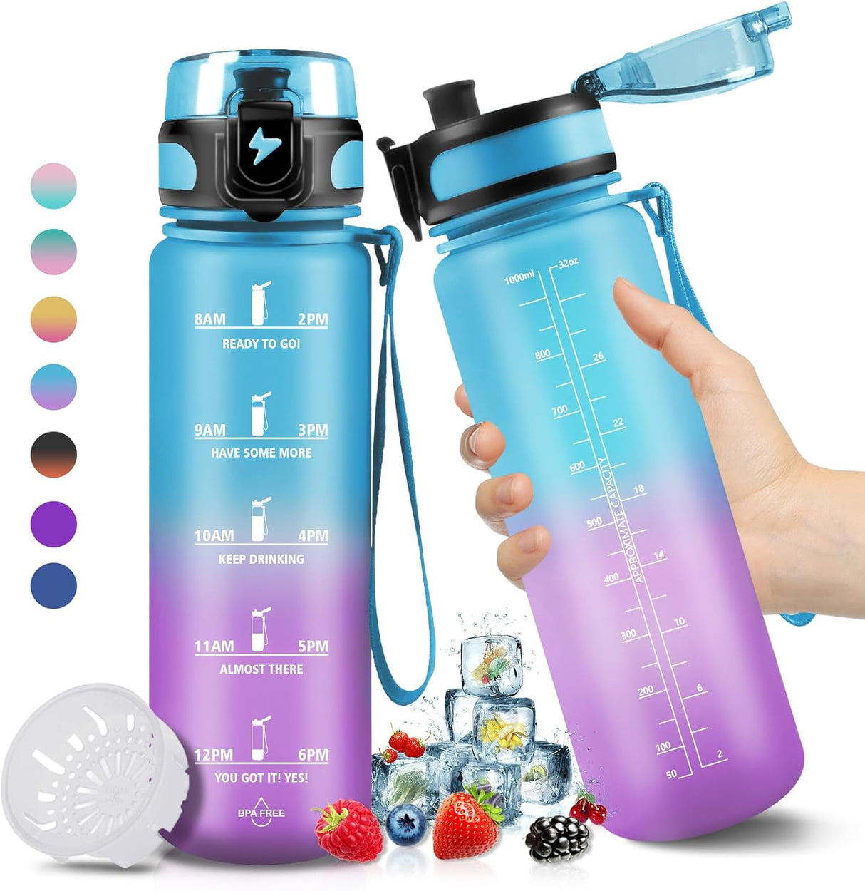 HoneyHolly Drinking Bottle 1 Litre, Sports Water Bottle 32 oz Purple & Blue