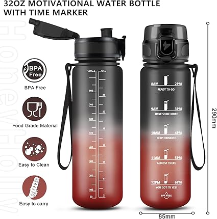 HoneyHolly Drinking Bottle Sports Water Bottle 32 oz Black Red-1