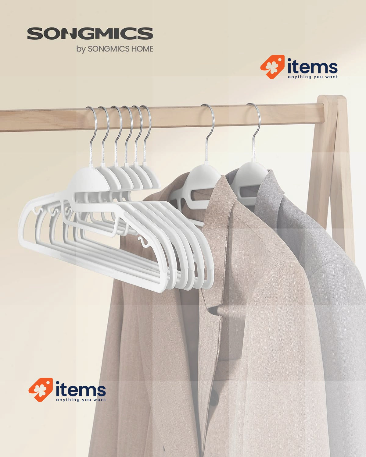 SONGMICS Set of 50 Plastic Hangers, Coat Hangers with U-Shaped Opening White